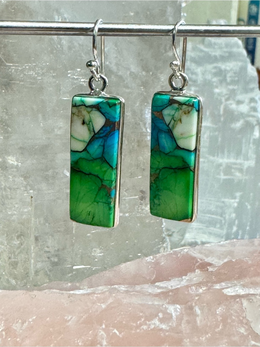 Kingman Peacock Turquoise Dahlia Rectangular Sterling Silver Dangle Earrings